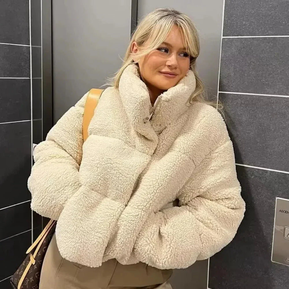 Veste teddy puffer beige femme à col montant