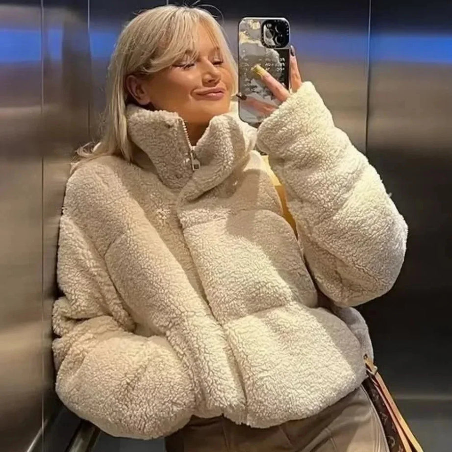 Veste teddy puffer beige femme à col montant