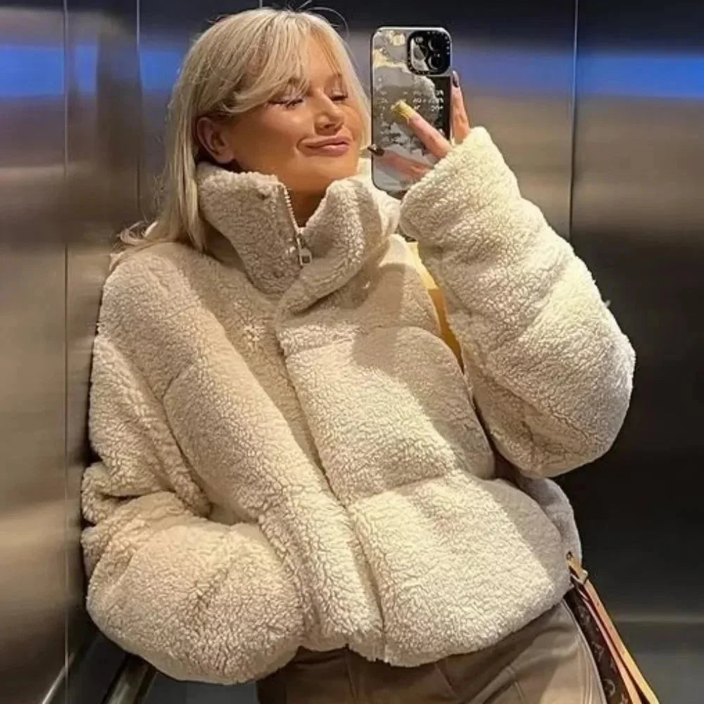 Veste teddy puffer beige femme à col montant