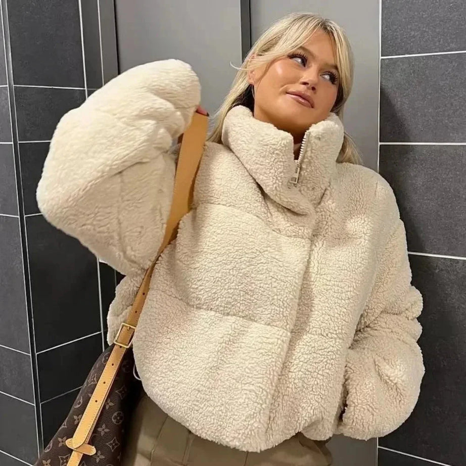 Veste teddy puffer beige femme à col montant