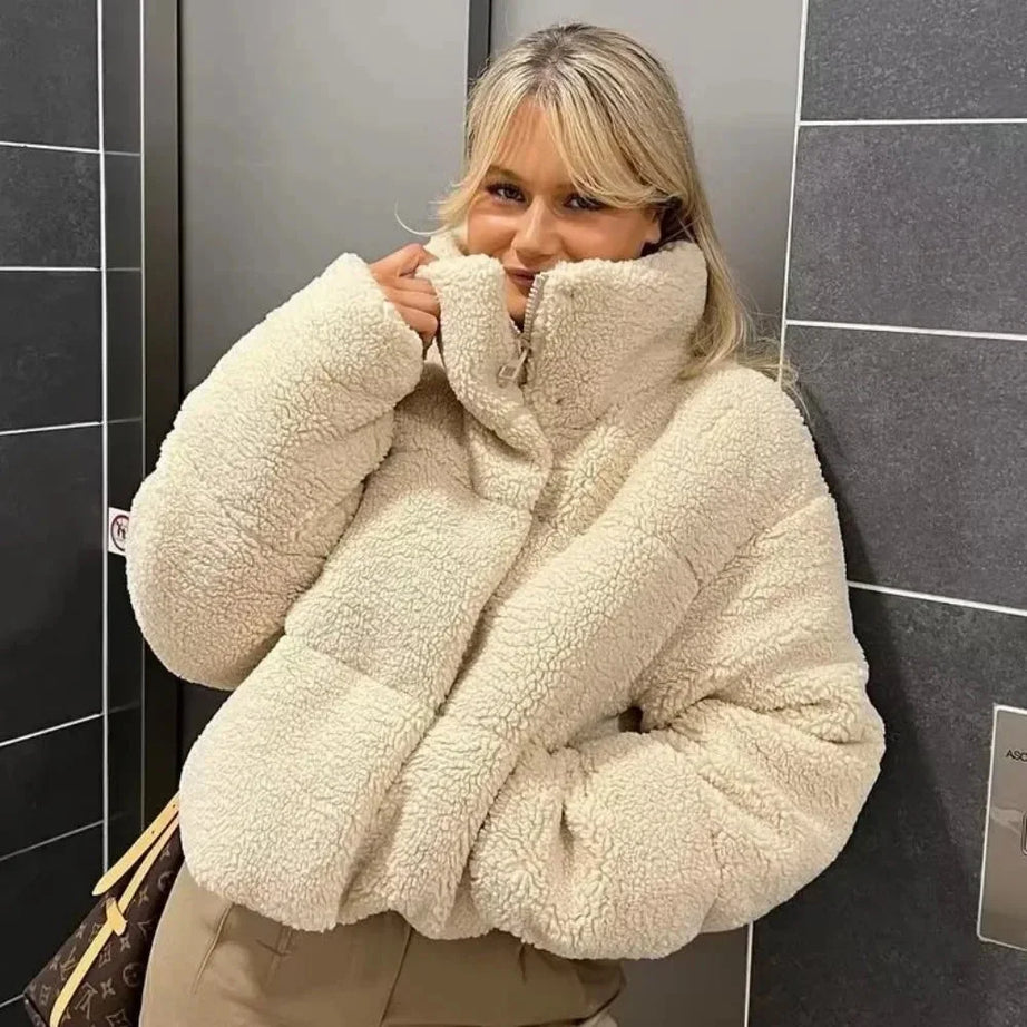 Veste teddy puffer beige femme à col montant