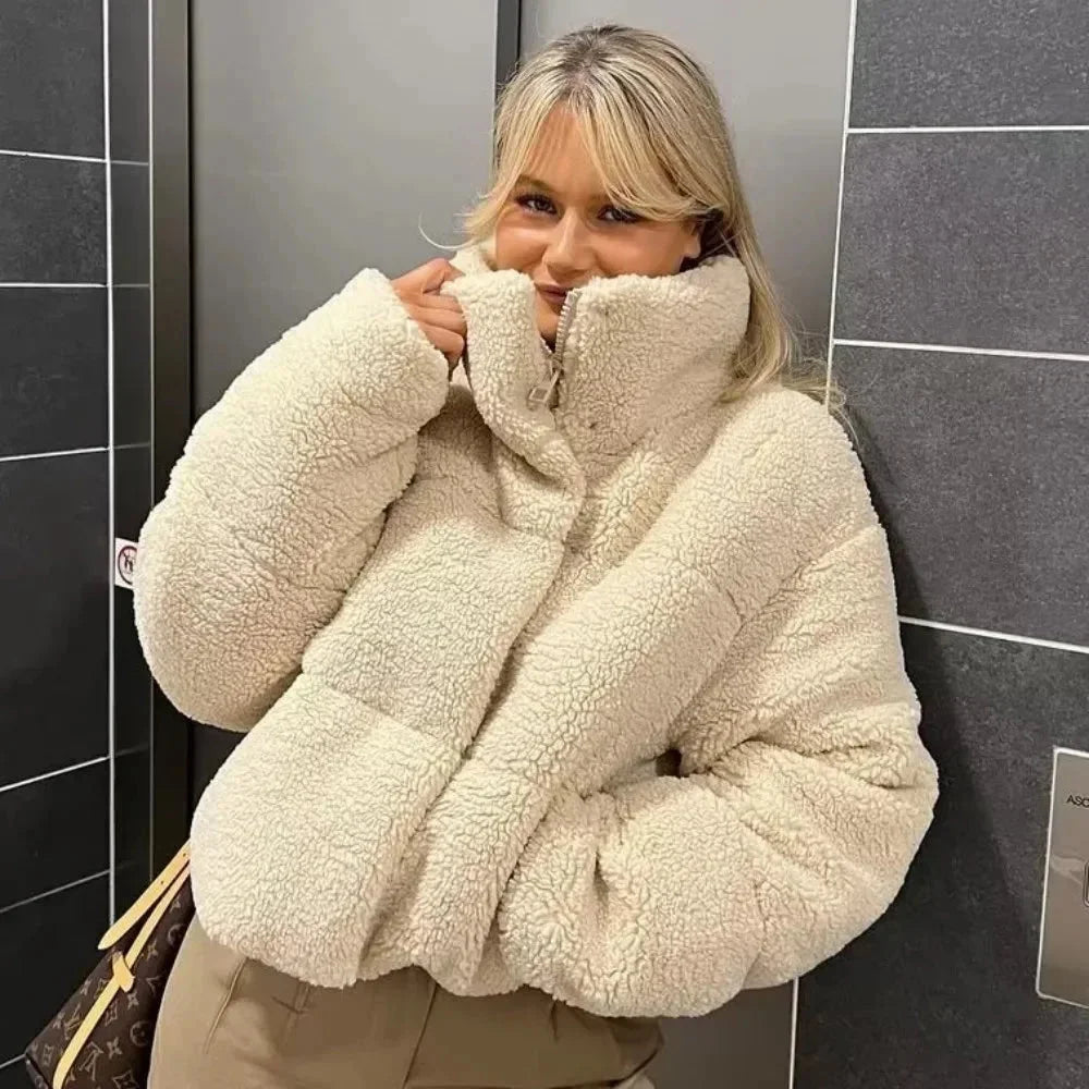 Veste teddy puffer beige femme à col montant