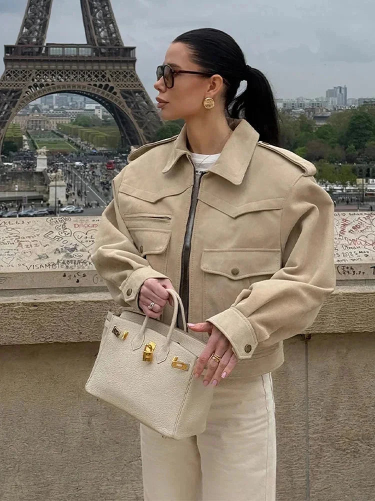 Veste trench courte beige à col à revers femme