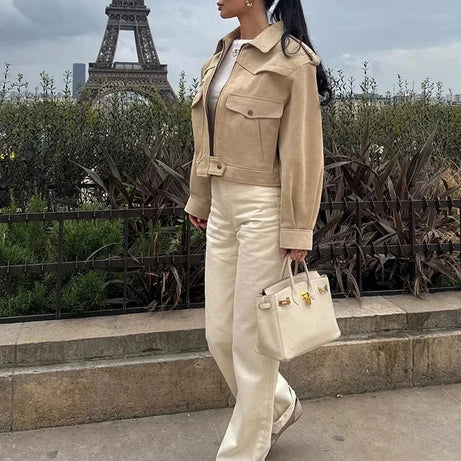 Veste trench courte beige à col à revers femme