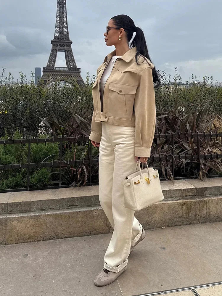 Veste trench courte beige à col à revers femme