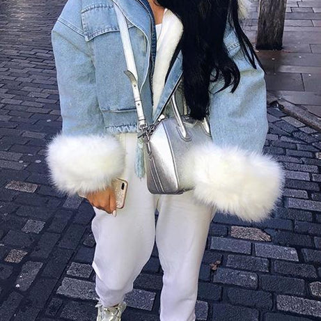 MODACHIC - Veste en jean à bordure en fourrure - MODACHIC