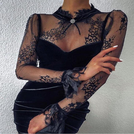 Dentelle Manches Longues Moulante Petites Robes Noires - Noir