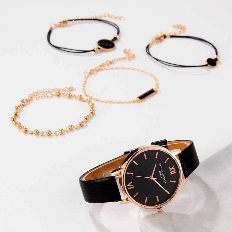 Ensemble de 5 pièces montre + bracelets - Noir