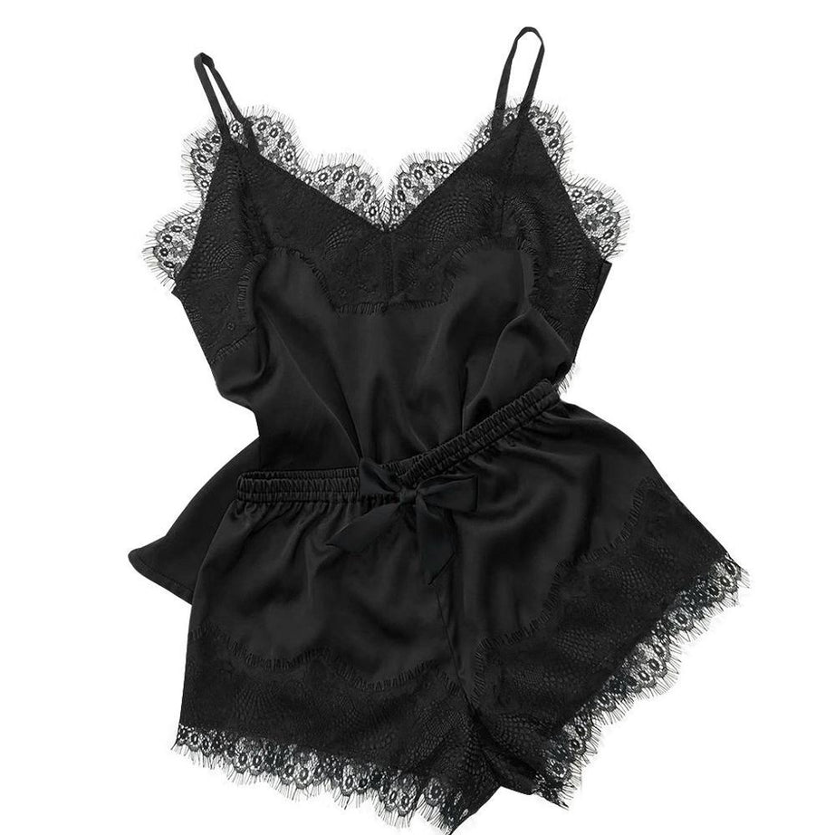 Pyjama femme en satin avec dentelle - Noir