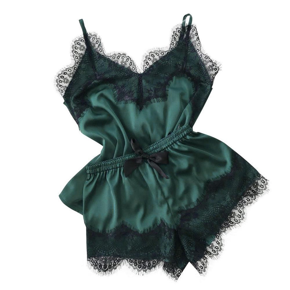 Pyjama femme en satin avec dentelle - Vert foncé