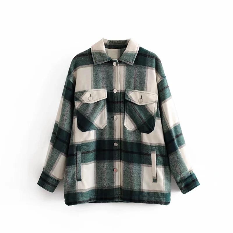 MODACHIC - Surchemise en laine carreaux décontracté oversized - Vert