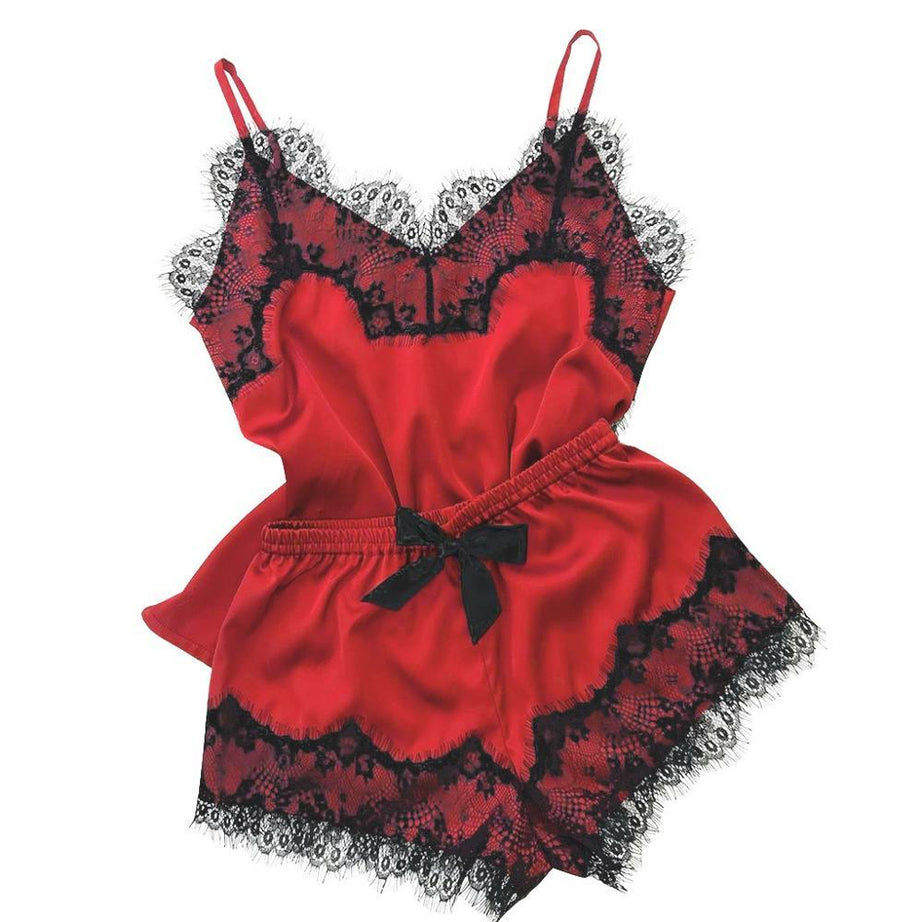 Pyjama femme en satin avec dentelle - Rouge