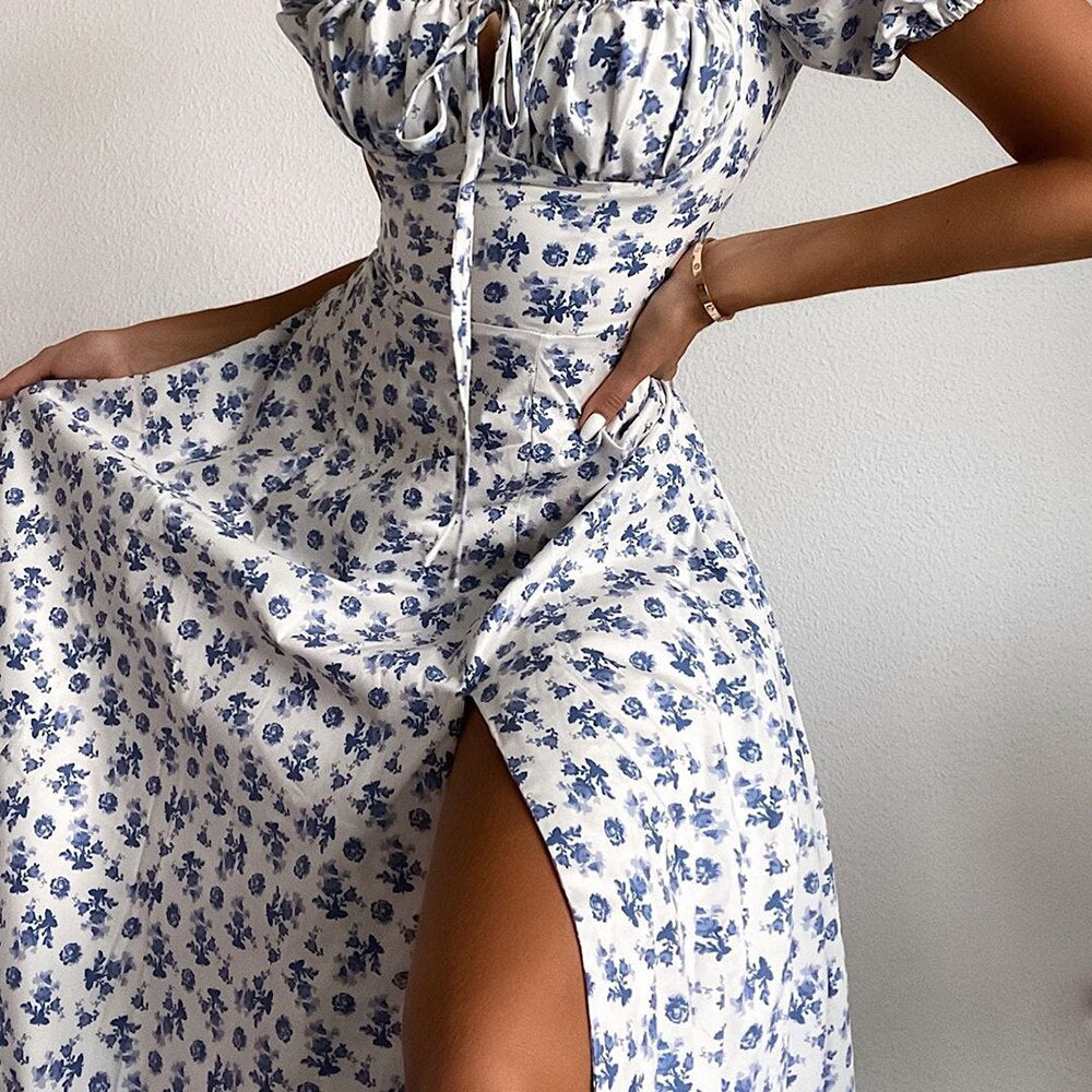 Maxi robe fleurie à manches bouffantes