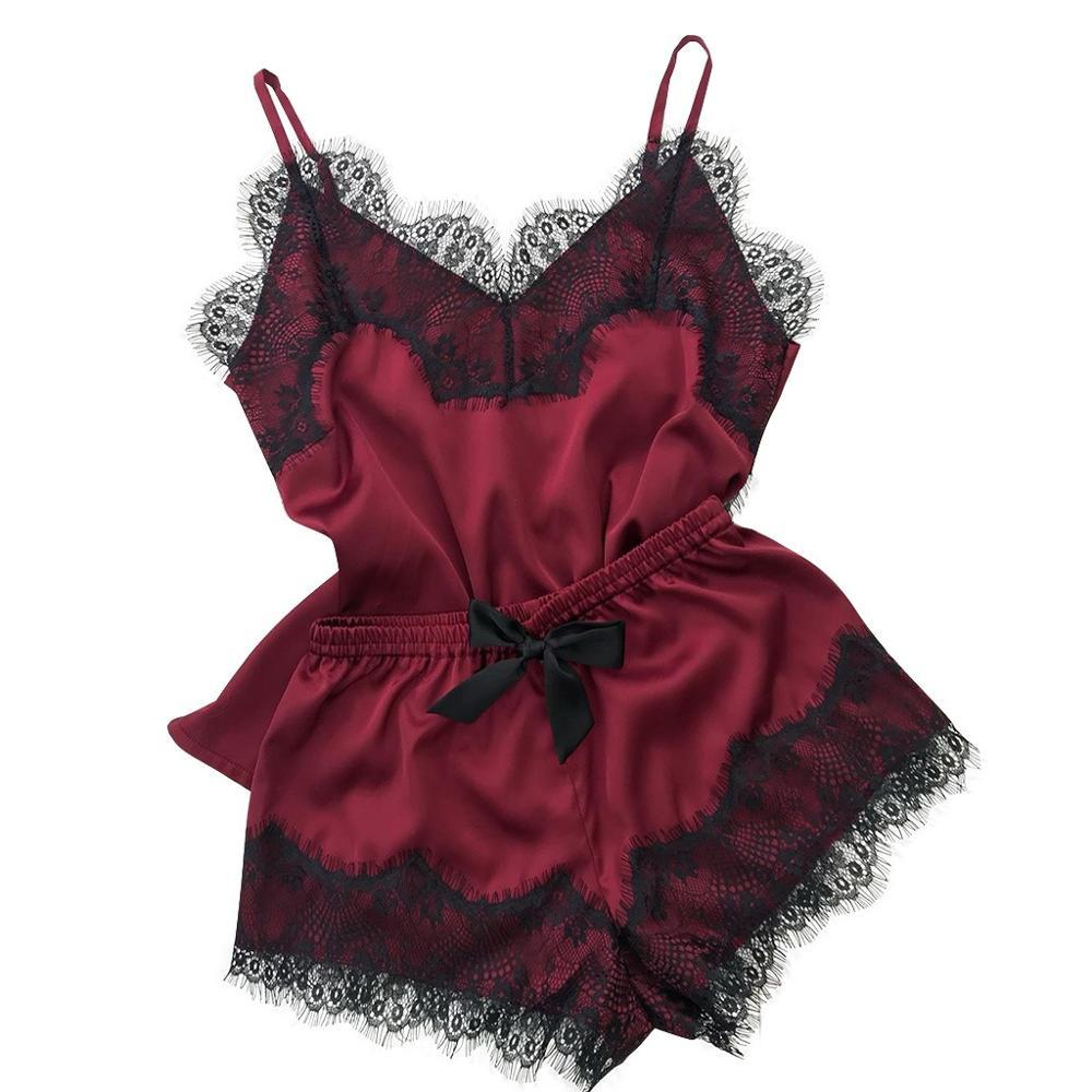 Pyjama femme en satin avec dentelle - Rouge bordeau