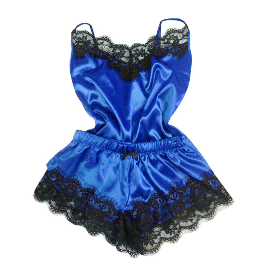 Pyjama femme en satin avec dentelle - Bleu