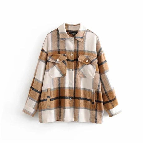 MODACHIC - Surchemise en laine carreaux décontracté oversized - Beige