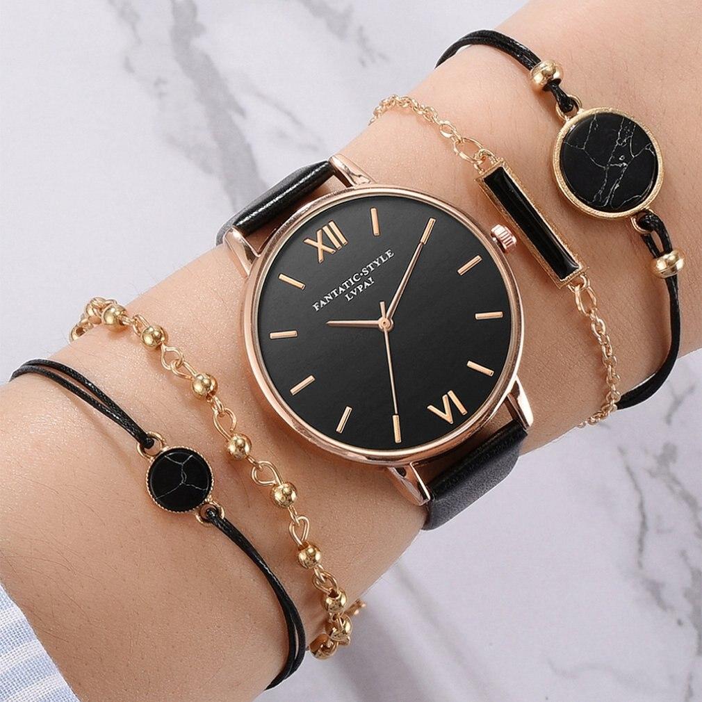 Ensemble de 5 pièces montre + bracelets - Noir