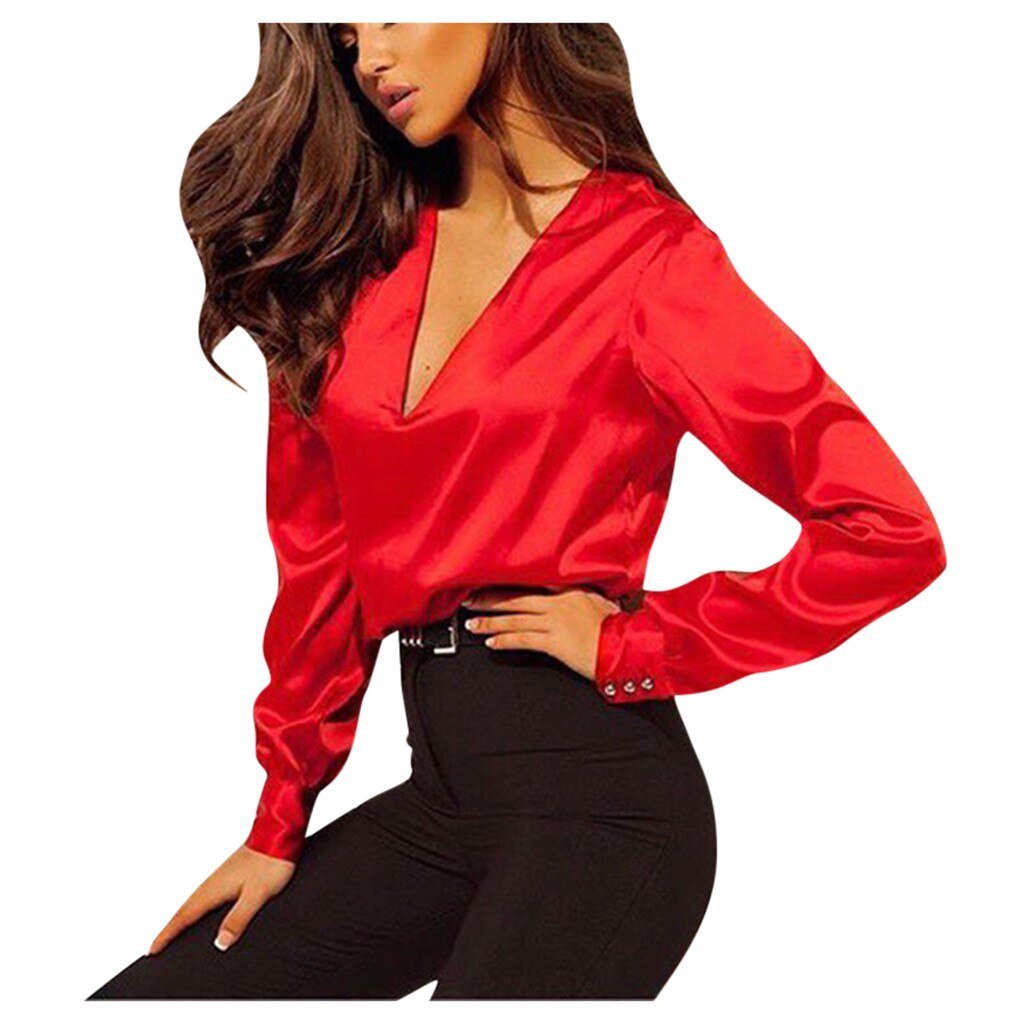 MODACHIC - Chemisier en satin manches longues élégant femme blouse rouge -