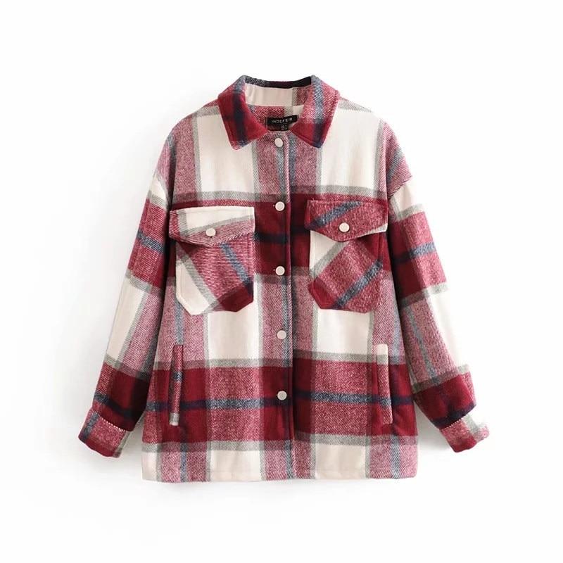 MODACHIC - Surchemise en laine carreaux décontracté oversized - Gris rouge