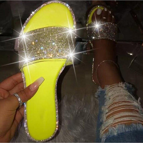 Sandales d'été plates avec diamants - Jaune