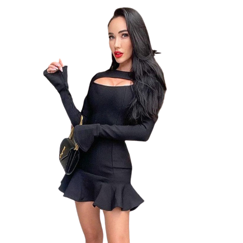 Maria Schwarzes, langärmliges A-Linien-Kleid mit Rüschen