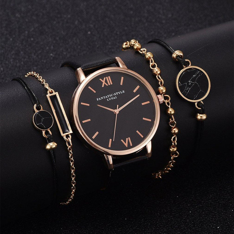 Ensemble de 5 pièces montre + bracelets - Noir