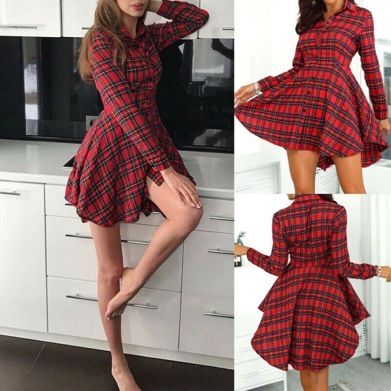 Robe à carreaux rouge Robe chemise asymétrique - S
