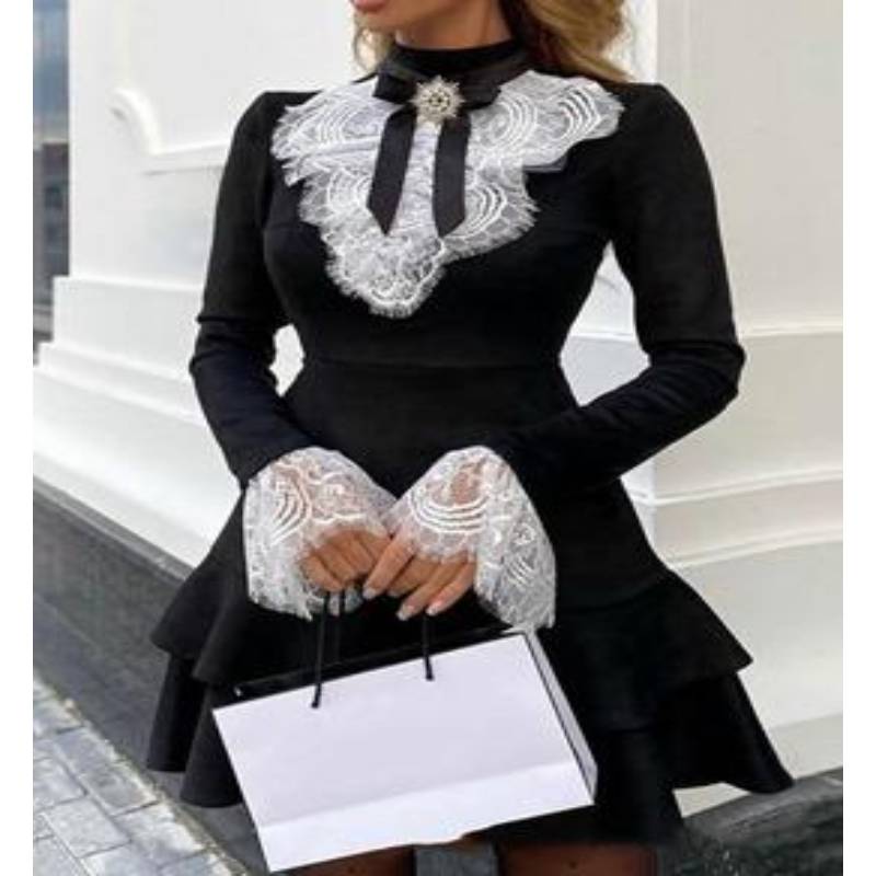 Robe de fête Robe élégante Manches cloche Volants - Noir