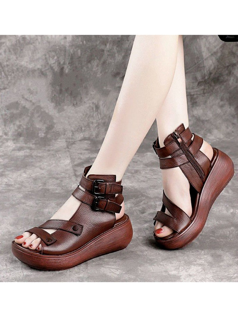 Sandales d'été en cuir Vintage pour Femmes - Flat