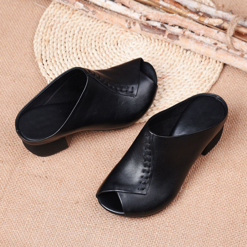 Mules à talons épais à couture à bout ouvert