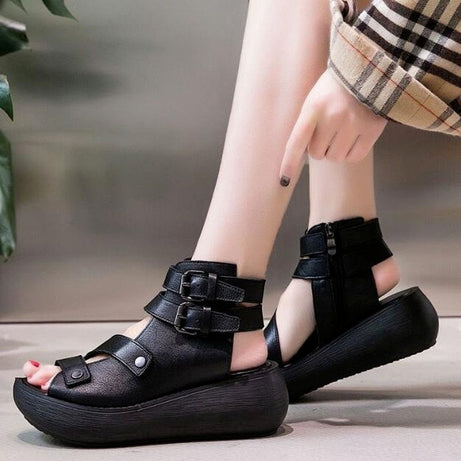 Sandales d'été en cuir Vintage pour Femmes - Flat