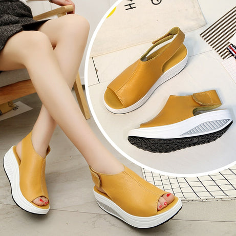 Sandales d'Été en Cuir à Semelles Compensées pour Femme - Spyroo