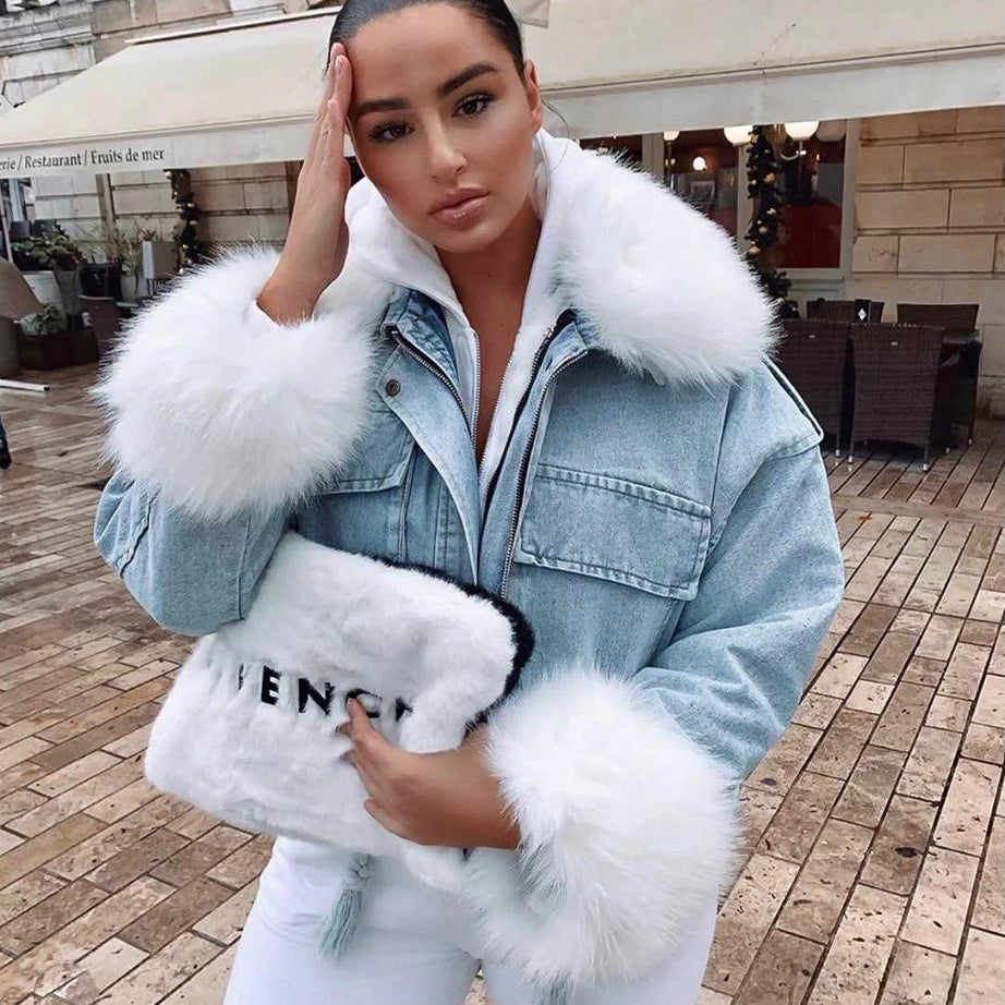 MODACHIC - Veste en jean à bordure en fourrure